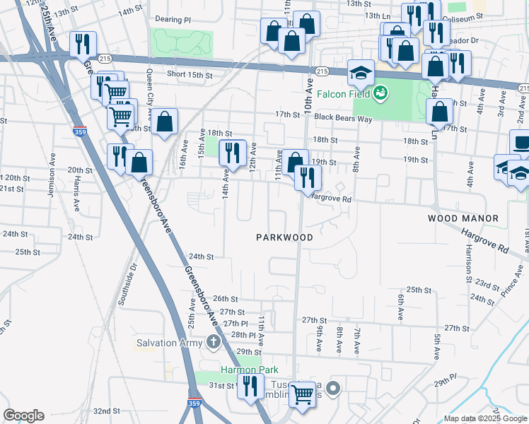 map of restaurants, bars, coffee shops, grocery stores, and more near 9 Meadowlawn Drive in Tuscaloosa