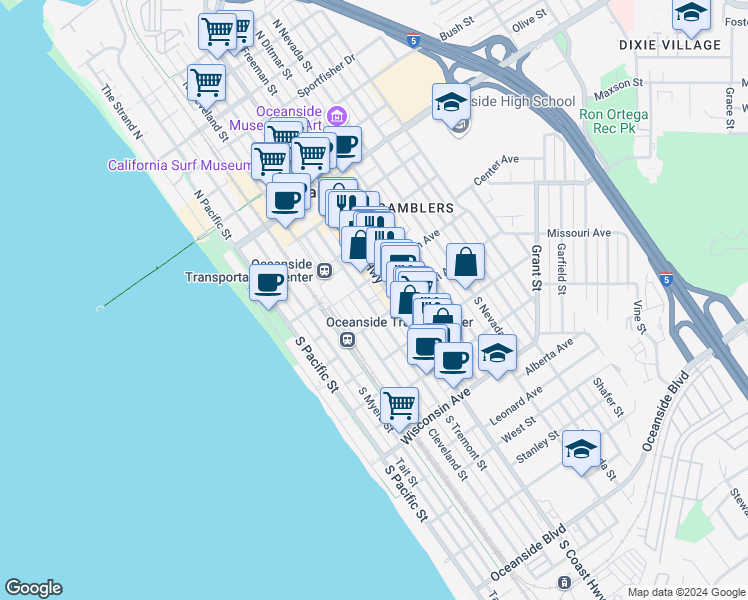 map of restaurants, bars, coffee shops, grocery stores, and more near 310 South Tremont Street in Oceanside