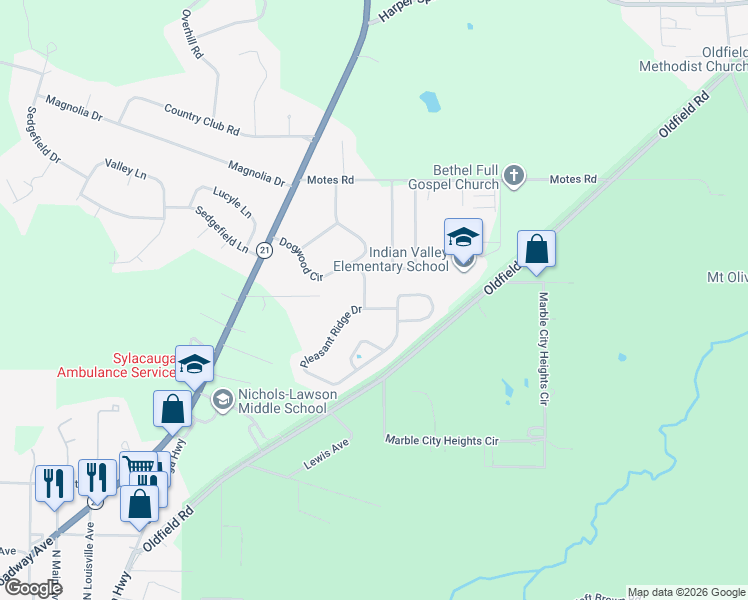 map of restaurants, bars, coffee shops, grocery stores, and more near 1851 Pleasant Ridge Drive in Sylacauga