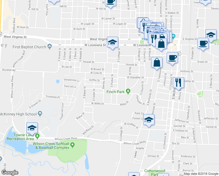 map of restaurants, bars, coffee shops, grocery stores, and more near 714 South Parker Street in McKinney