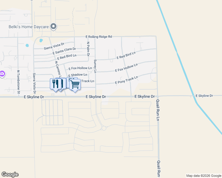 map of restaurants, bars, coffee shops, grocery stores, and more near 6125 East Pony Track Lane in San Tan Valley