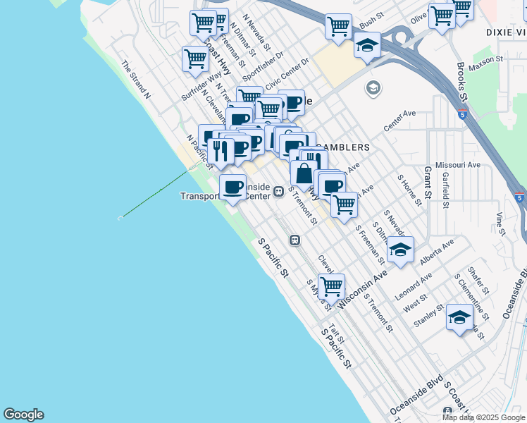 map of restaurants, bars, coffee shops, grocery stores, and more near 235 South Tremont Street in Oceanside