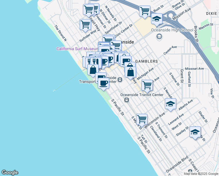 map of restaurants, bars, coffee shops, grocery stores, and more near 136 South Pacific Street in Oceanside