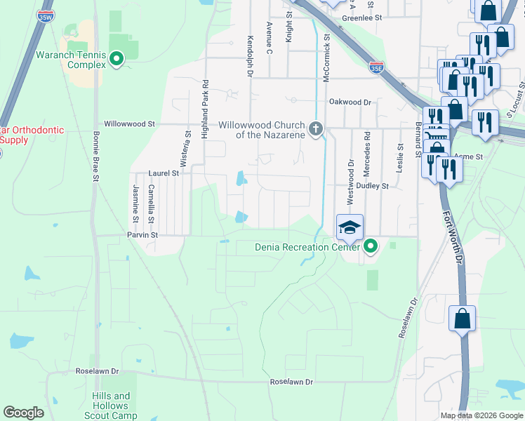 map of restaurants, bars, coffee shops, grocery stores, and more near 2026 Kendolph Drive in Denton