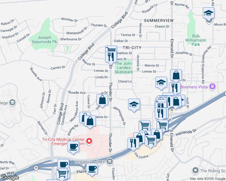 map of restaurants, bars, coffee shops, grocery stores, and more near 2936 Thunder Drive in Oceanside