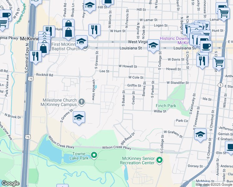map of restaurants, bars, coffee shops, grocery stores, and more near 1205 Park Hill Lane in McKinney