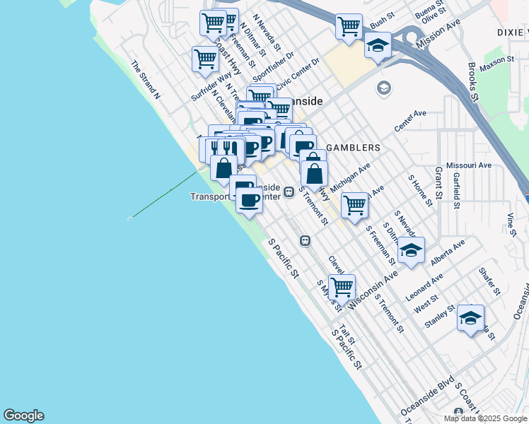 map of restaurants, bars, coffee shops, grocery stores, and more near 141 South Myers Street in Oceanside