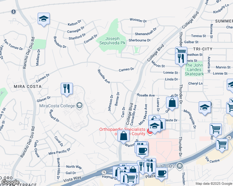 map of restaurants, bars, coffee shops, grocery stores, and more near 3189 Bernie Drive in Oceanside