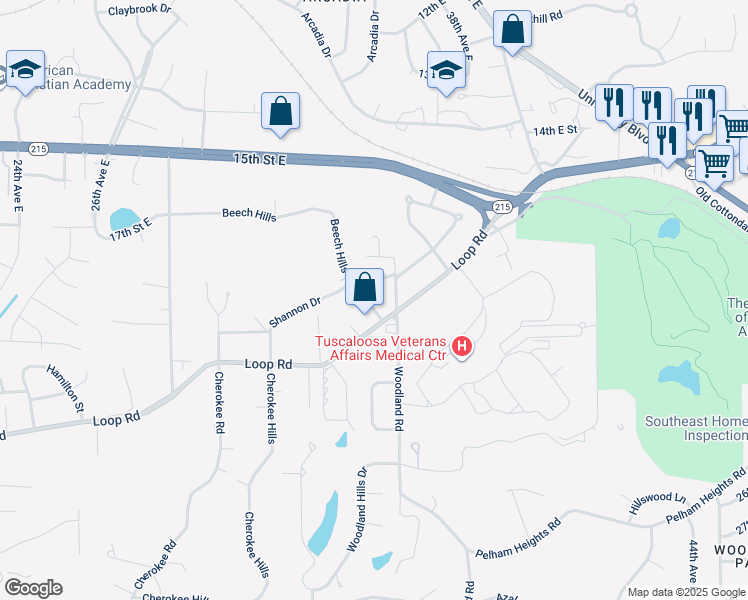 map of restaurants, bars, coffee shops, grocery stores, and more near 2906 Lewis Lane in Tuscaloosa