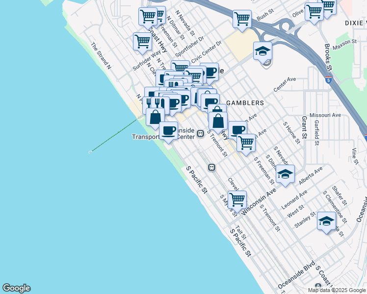 map of restaurants, bars, coffee shops, grocery stores, and more near 141 South Myers Street in Oceanside