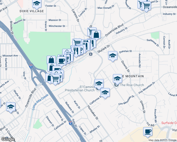 map of restaurants, bars, coffee shops, grocery stores, and more near 2070 Rue De La Montagne in Oceanside