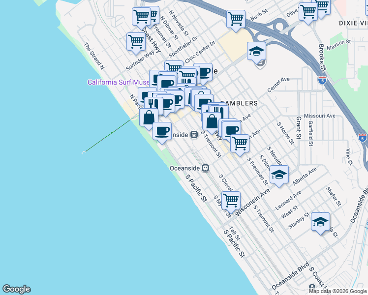 map of restaurants, bars, coffee shops, grocery stores, and more near in Camp Pendleton North