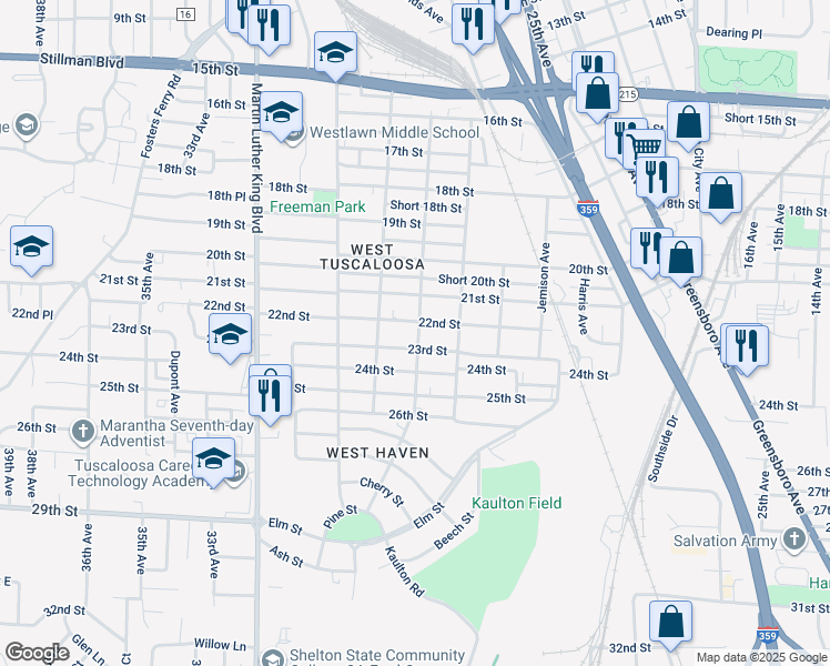 map of restaurants, bars, coffee shops, grocery stores, and more near 2208 28th Avenue in Tuscaloosa