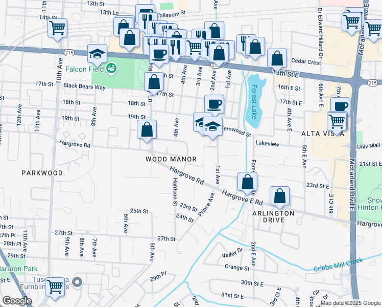 map of restaurants, bars, coffee shops, grocery stores, and more near 13 Wood Manor in Tuscaloosa