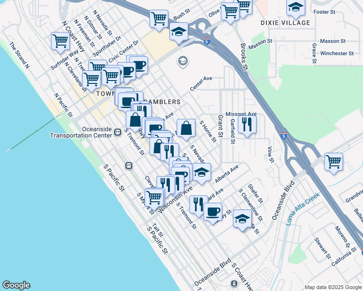 map of restaurants, bars, coffee shops, grocery stores, and more near 428 South Ditmar Street in Oceanside