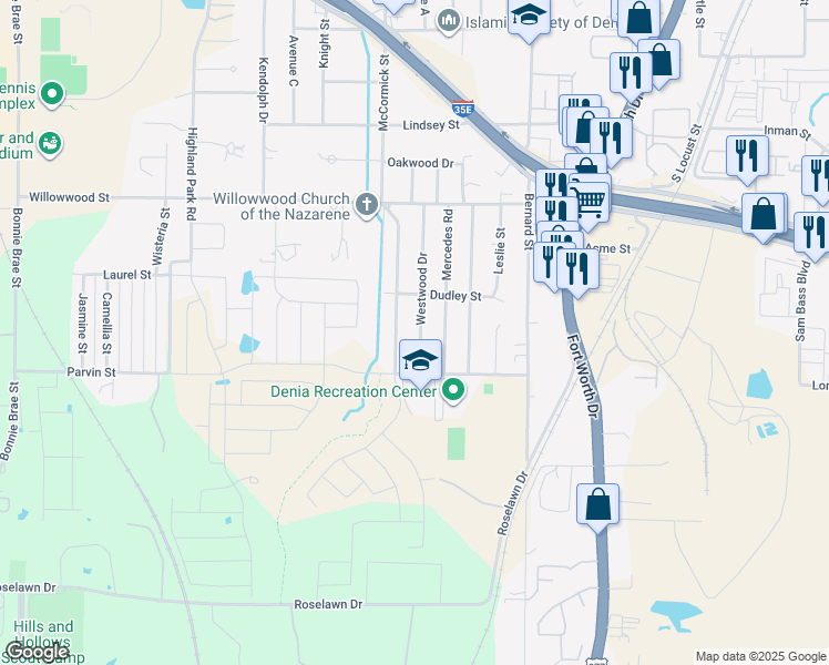 map of restaurants, bars, coffee shops, grocery stores, and more near 2308 Westwood Drive in Denton