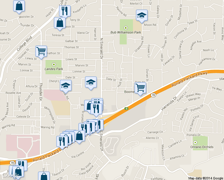 map of restaurants, bars, coffee shops, grocery stores, and more near 311 N Emerald Dr in Vista