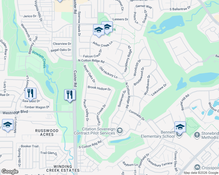 map of restaurants, bars, coffee shops, grocery stores, and more near 8500 Brook Hollow Drive in McKinney