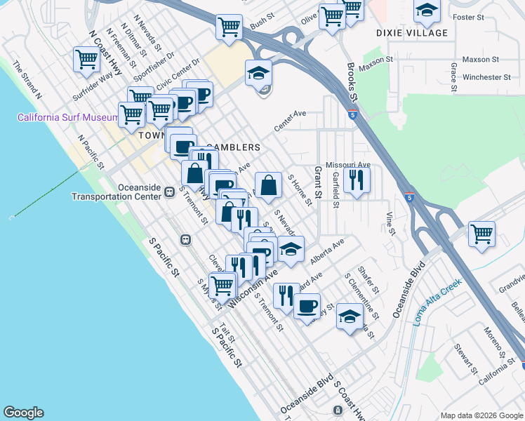 map of restaurants, bars, coffee shops, grocery stores, and more near 428 South Ditmar Street in Oceanside