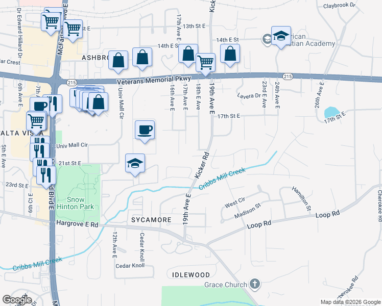 map of restaurants, bars, coffee shops, grocery stores, and more near 1720 Saint Charles Way in Tuscaloosa