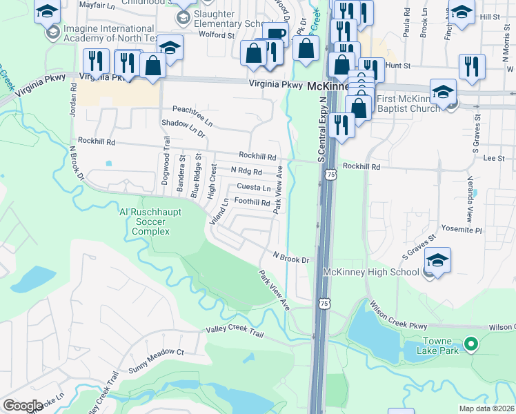 map of restaurants, bars, coffee shops, grocery stores, and more near 2313 Foot Hill Road in McKinney