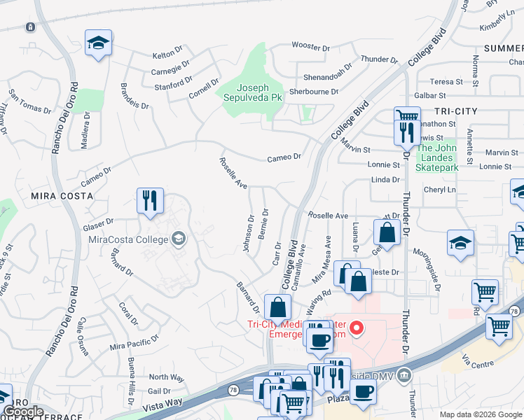 map of restaurants, bars, coffee shops, grocery stores, and more near 3189 Bernie Drive in Oceanside