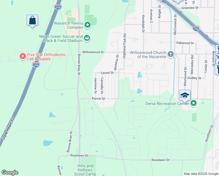 map of restaurants, bars, coffee shops, grocery stores, and more near 2008 Wisteria Street in Denton