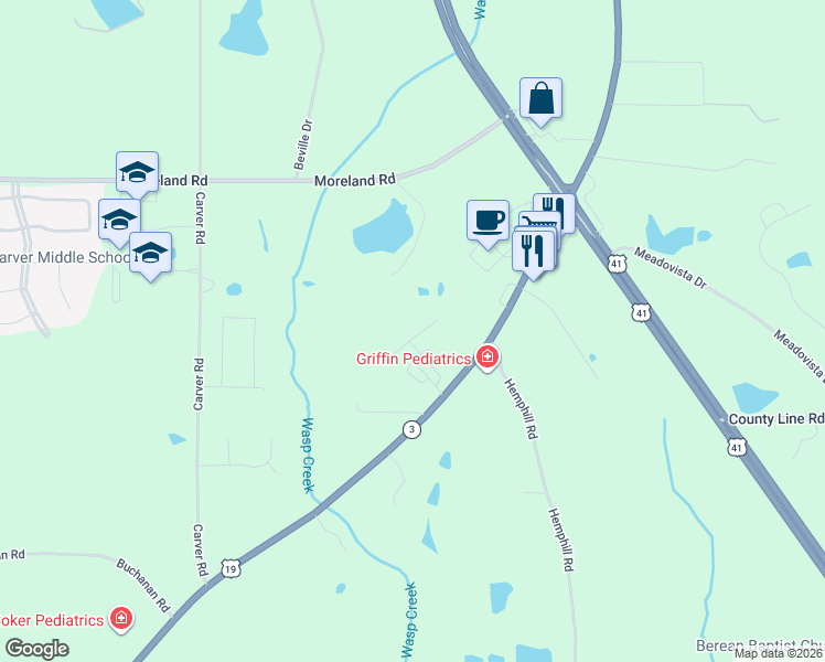 map of restaurants, bars, coffee shops, grocery stores, and more near 343 Red Wolf Road in Griffin