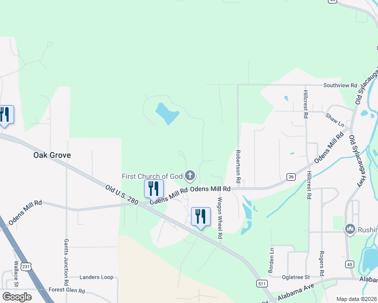 map of restaurants, bars, coffee shops, grocery stores, and more near 180 Laura's Lane in Sylacauga