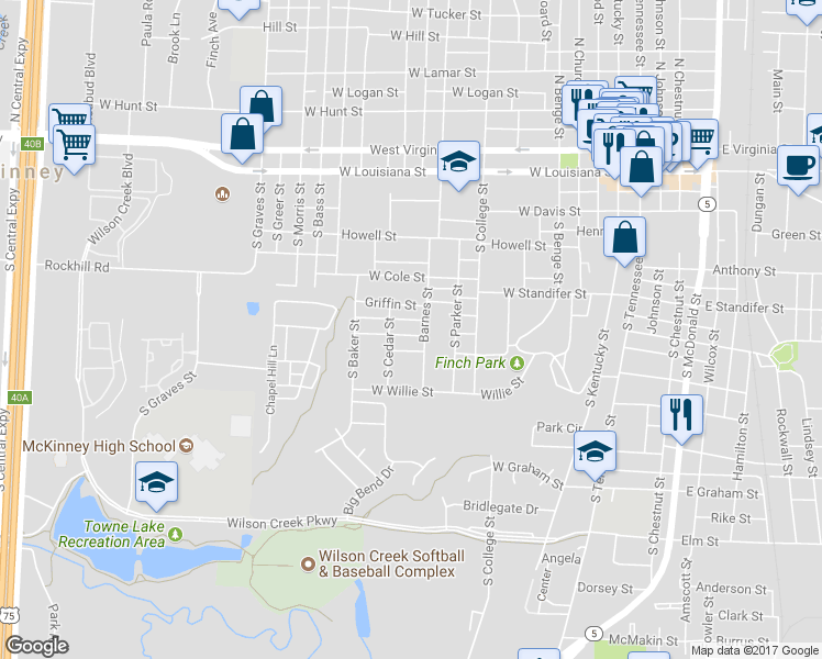 map of restaurants, bars, coffee shops, grocery stores, and more near 1006 West Pine Street in McKinney