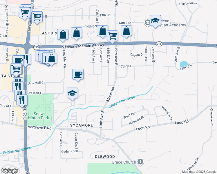 map of restaurants, bars, coffee shops, grocery stores, and more near 1720 Saint Charles Way in Tuscaloosa