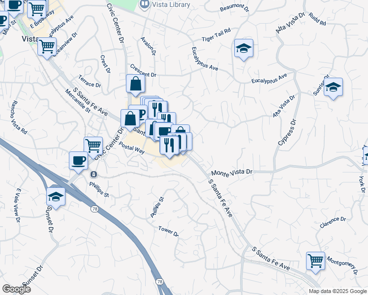 map of restaurants, bars, coffee shops, grocery stores, and more near 1036 South Santa Fe Avenue in Vista