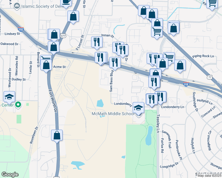 map of restaurants, bars, coffee shops, grocery stores, and more near 1820 Sam Bass Boulevard in Denton
