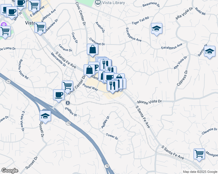 map of restaurants, bars, coffee shops, grocery stores, and more near 993 South Santa Fe Avenue in Vista