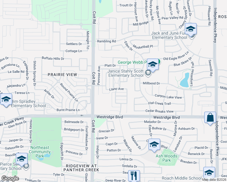 map of restaurants, bars, coffee shops, grocery stores, and more near 13893 Monte Vista Drive in Frisco