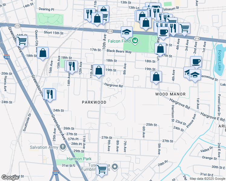 map of restaurants, bars, coffee shops, grocery stores, and more near 901 Hargrove Road in Tuscaloosa