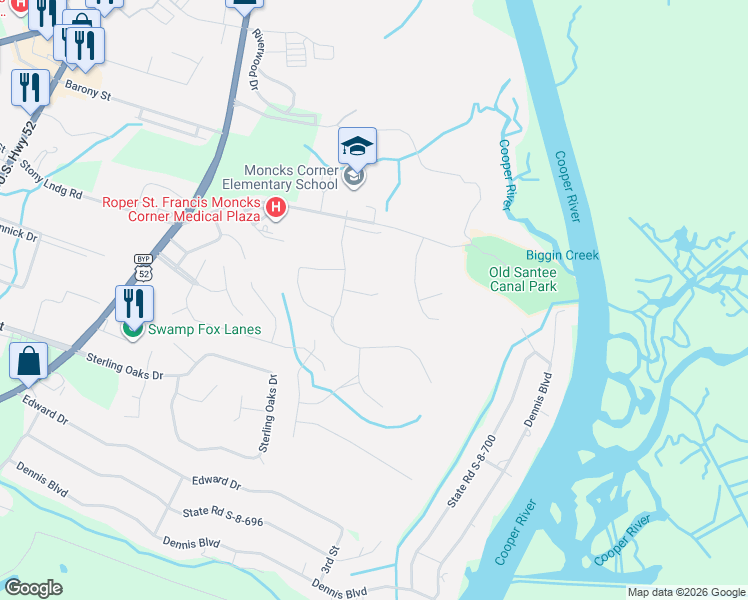 map of restaurants, bars, coffee shops, grocery stores, and more near 856 Stony Landing Road in Moncks Corner