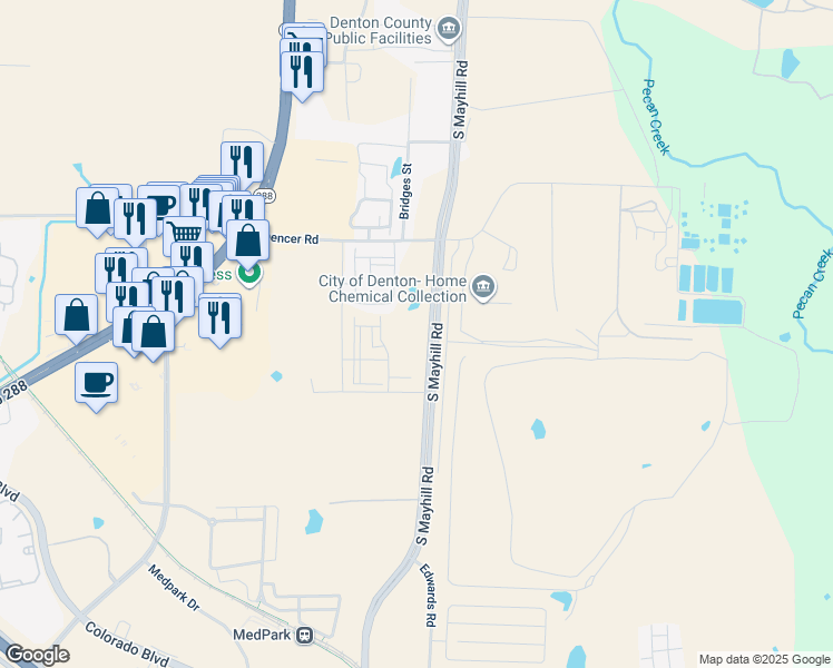 map of restaurants, bars, coffee shops, grocery stores, and more near 1600 South Mayhill Road in Denton
