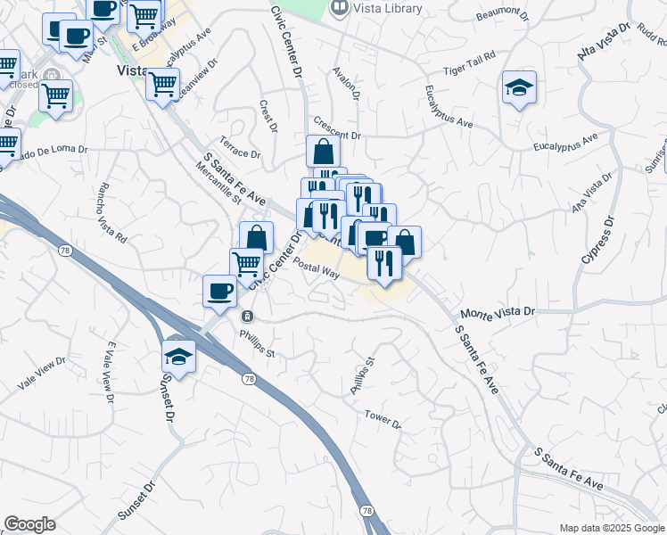 map of restaurants, bars, coffee shops, grocery stores, and more near 958 Santa Fe Place in Vista