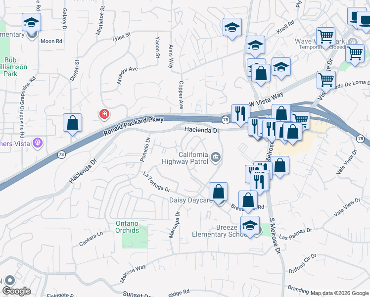 map of restaurants, bars, coffee shops, grocery stores, and more near 881 Soft Wind Road in Vista