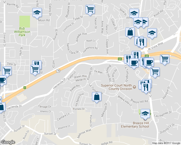 map of restaurants, bars, coffee shops, grocery stores, and more near 205-220 Pomelo Drive in Vista