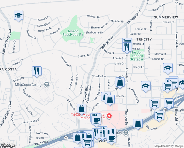 map of restaurants, bars, coffee shops, grocery stores, and more near 3052 Camarillo Avenue in Oceanside