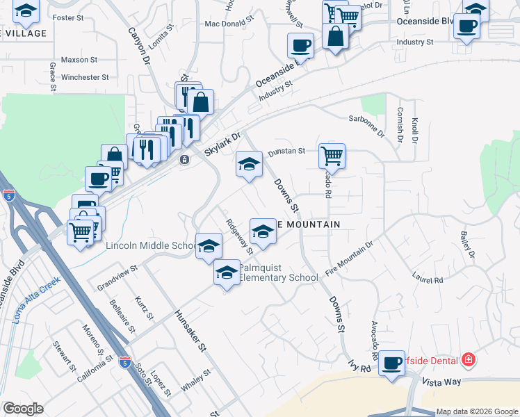 map of restaurants, bars, coffee shops, grocery stores, and more near 2133 Grandview Street in Oceanside