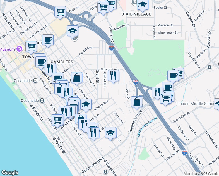 map of restaurants, bars, coffee shops, grocery stores, and more near 614 Garfield Street in Oceanside