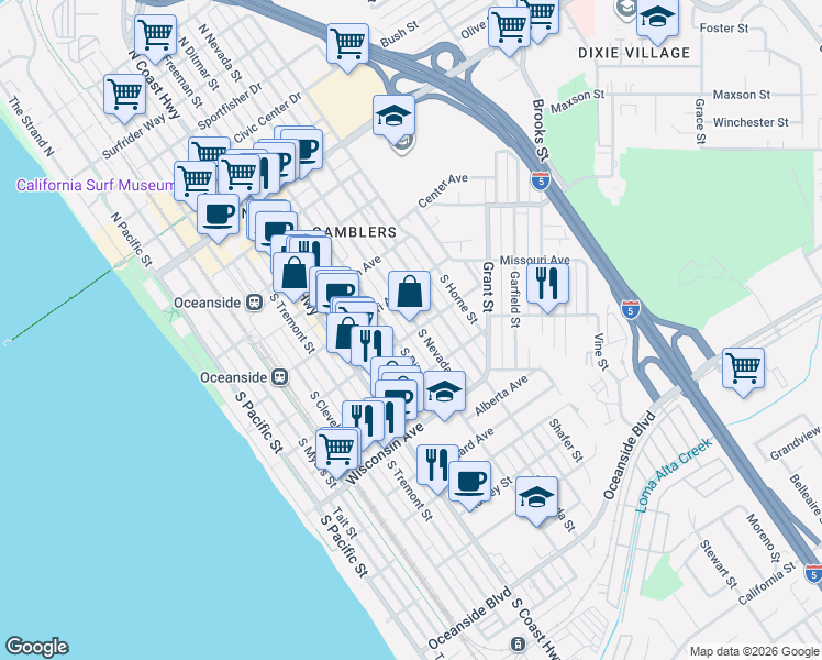 map of restaurants, bars, coffee shops, grocery stores, and more near 702 Washington Avenue in Oceanside