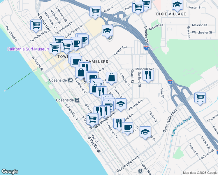 map of restaurants, bars, coffee shops, grocery stores, and more near 702 Washington Avenue in Oceanside