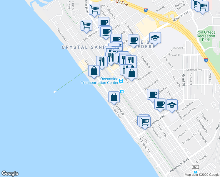 map of restaurants, bars, coffee shops, grocery stores, and more near 136 South Pacific Street in Oceanside