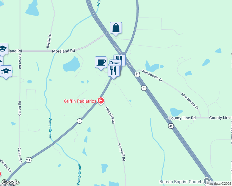map of restaurants, bars, coffee shops, grocery stores, and more near 1800 Zebulon Road in Griffin