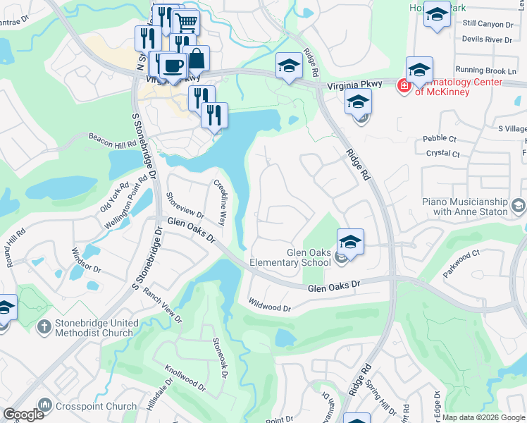map of restaurants, bars, coffee shops, grocery stores, and more near 6420 Saint Michael Drive in McKinney