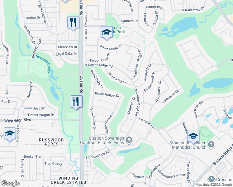 map of restaurants, bars, coffee shops, grocery stores, and more near 8500 Brook Hollow Drive in McKinney